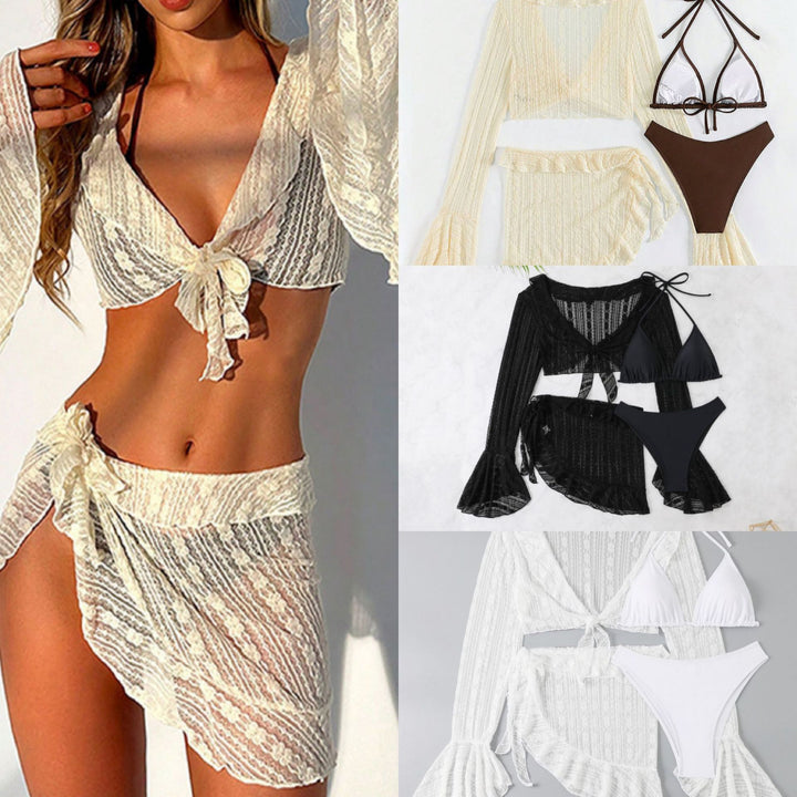 Women's Beachwear Set with Elegant Lace Jacket and Classic Bikini Mune Fashion