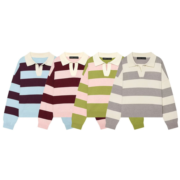 Women Oversized Rugby Sweater with Polo Collar and Wide Block Stripes Mune Fashion