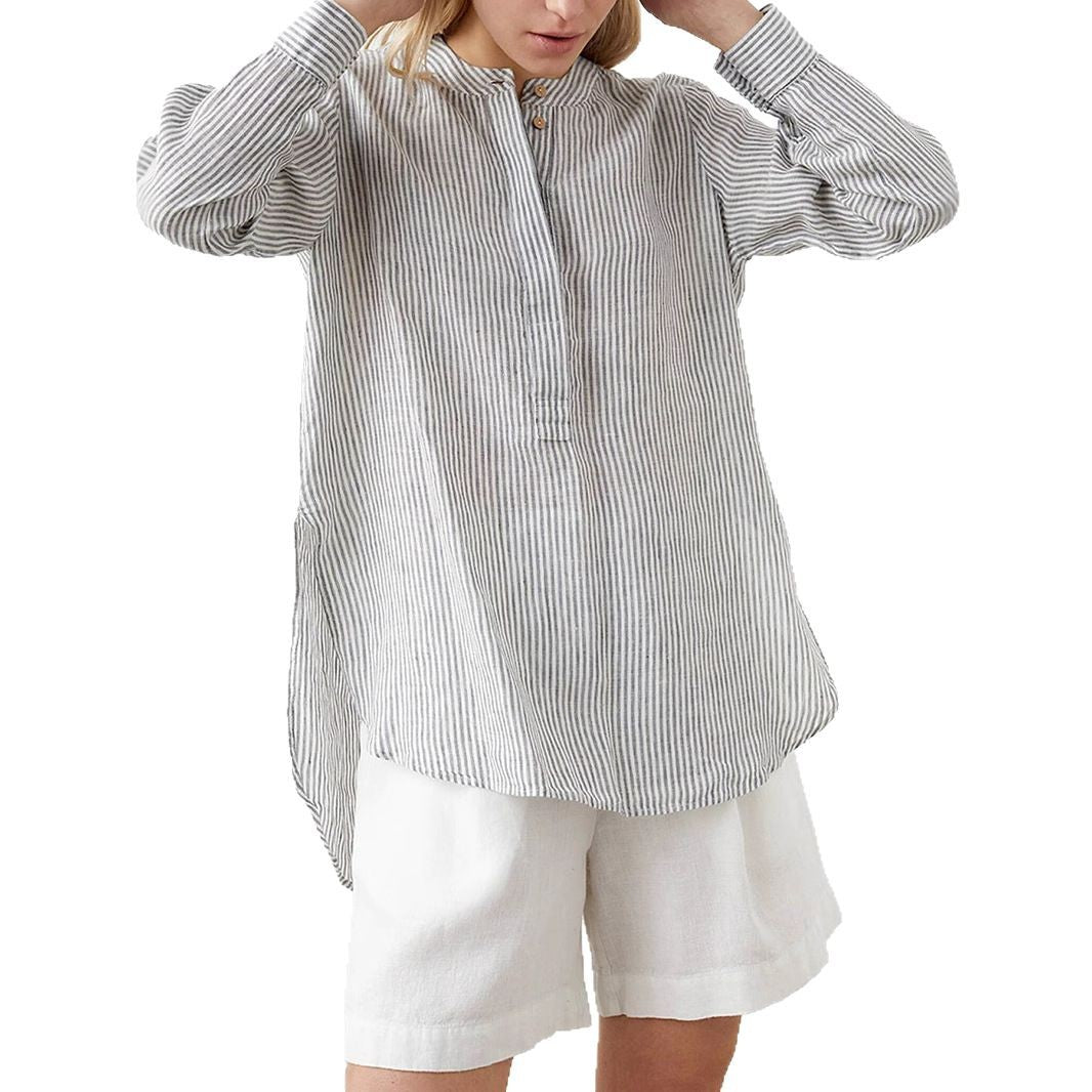 Women Lightweight Striped Tunic Blouse with Stand Collar and High Hem