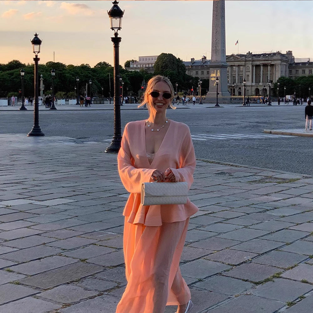 Women Two-Piece Chiffon Set with V Neck, Voluminous Sleeves and Pleated Maxi Skirt Mune Fashion