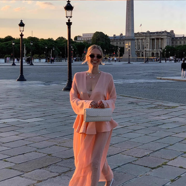 Women Two-Piece Chiffon Set with V Neck, Voluminous Sleeves and Pleated Maxi Skirt Mune Fashion