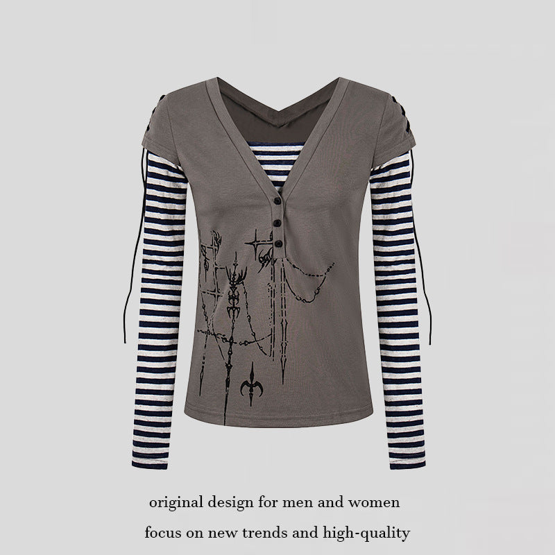 Women's Layered Long Sleeve Shirt with V-Neck, Striped Inner Layer and Lacing Detail Mune Fashion