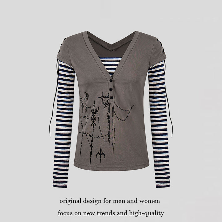 Women's Layered Long Sleeve Shirt with V-Neck, Striped Inner Layer and Lacing Detail Mune Fashion