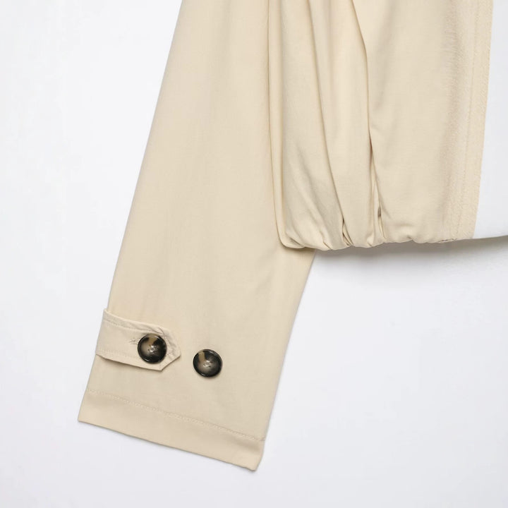 Women's Short Double-Breasted Trench Jacket with Stand Collar, Epaulettes and Elastic Hem