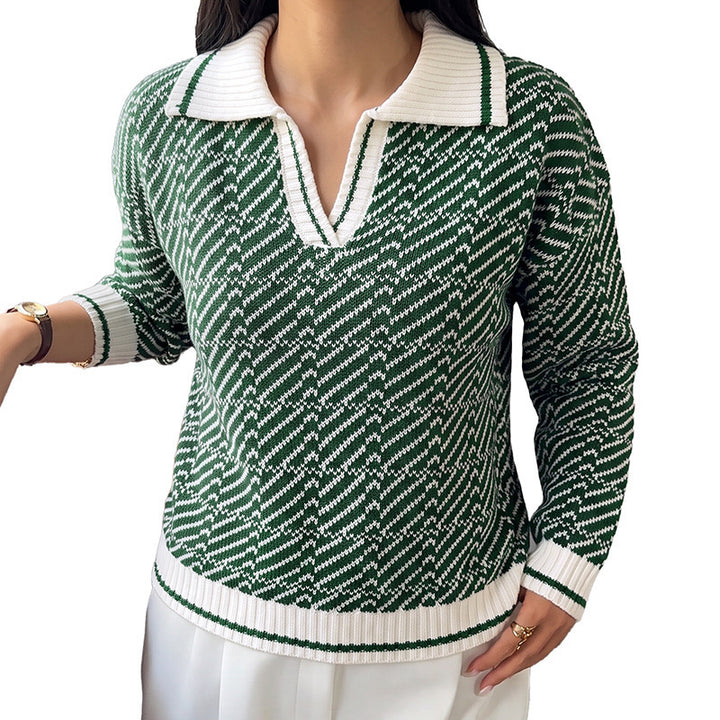 Ladies Elegant Sweater with Polo Collar and Zigzag Pattern Mune Fashion