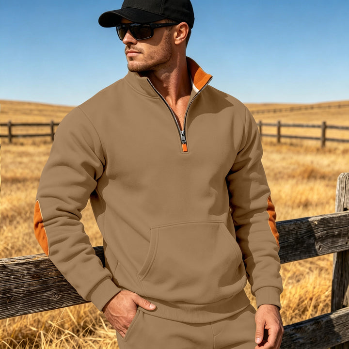 Men's Athletic Half-Zip Sweatshirt with Elbow Patches and Kangaroo Pocket Mune Fashion