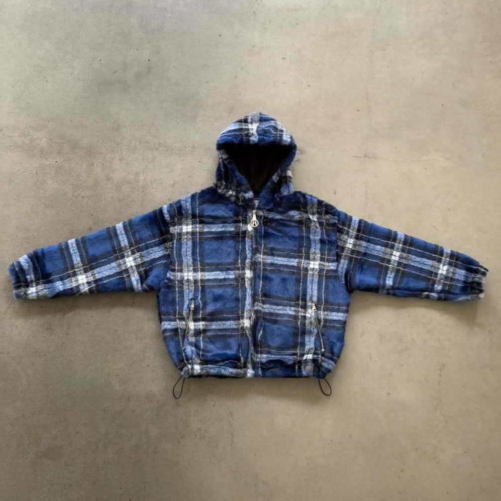 Unisex non-padded plaid fleece bomber jacket with hood drawstring and zippered pockets Mune Fashion