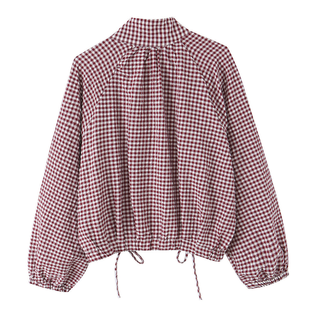 Ladies Checkered Gingham Blouson with Drawstring Hem, Raglan Sleeves and Stand-Up Collar Drune