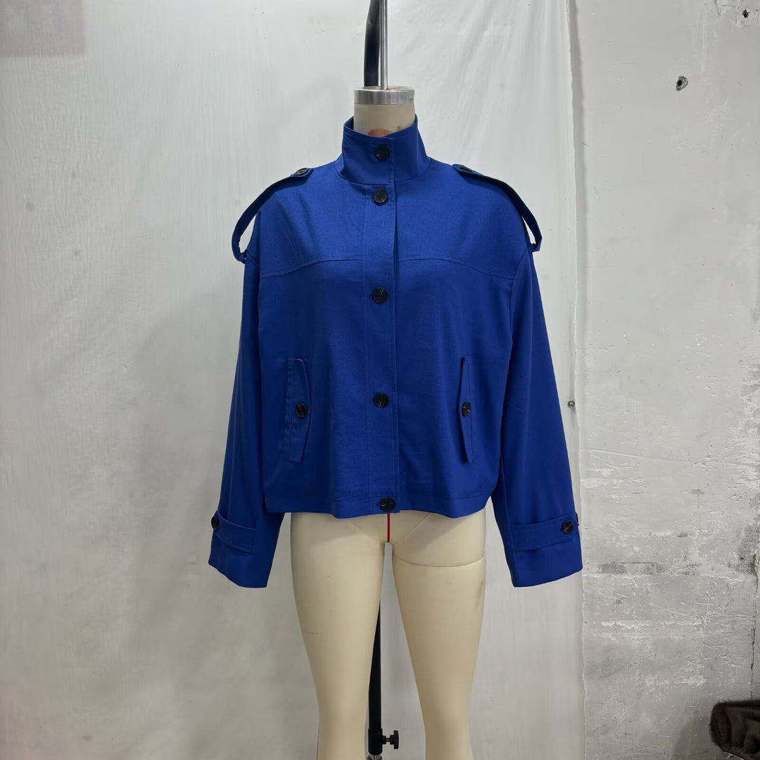 Women's Boxy-Cropped Jacket with Stand Collar Shoulder Patches and Flap Pockets Mune Fashion