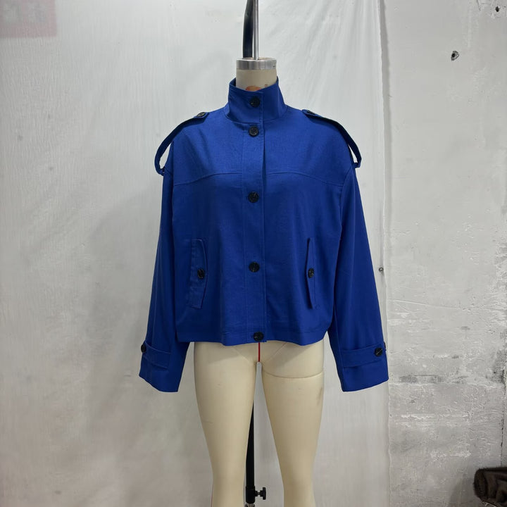 Women's Boxy-Cropped Jacket with Stand Collar Shoulder Patches and Flap Pockets Mune Fashion