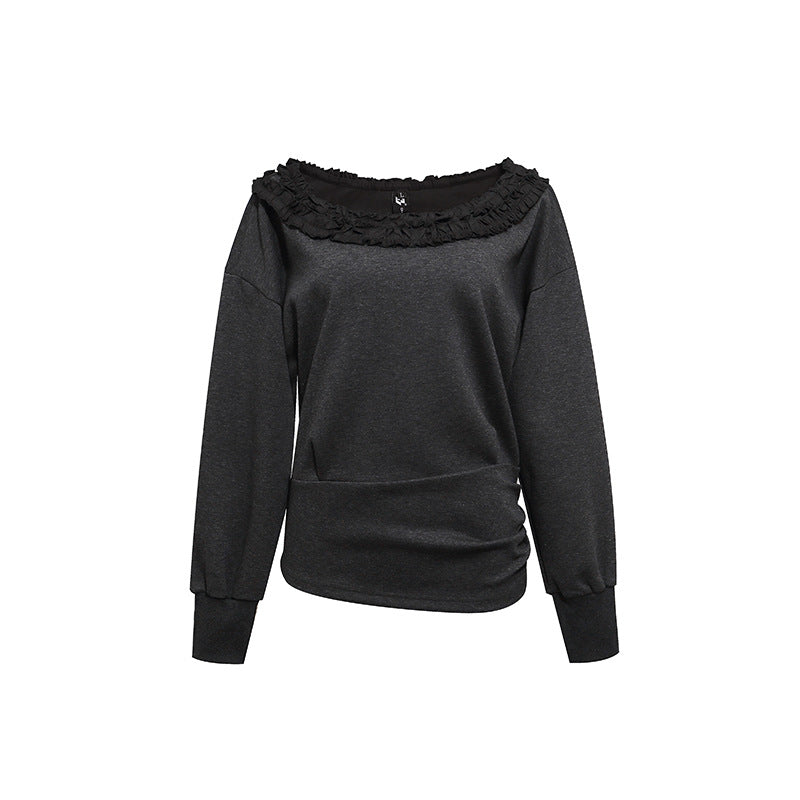 Women's sweatshirt with off-the-shoulder neckline, lace ruffle, and side gathers Mune Fashion