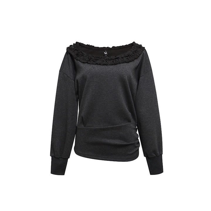 Women's sweatshirt with off-the-shoulder neckline, lace ruffle, and side gathers Mune Fashion