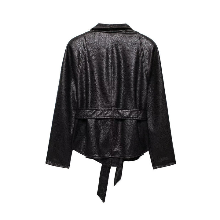 Ladies short jacket made of grain leather with shawl collar and tie belt Mune Fashion