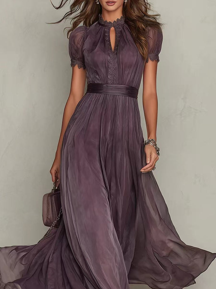 Women's Long Chiffon Evening Dress with Lace Stand Collar, Keyhole Opening and Tailored Sash Mune Fashion