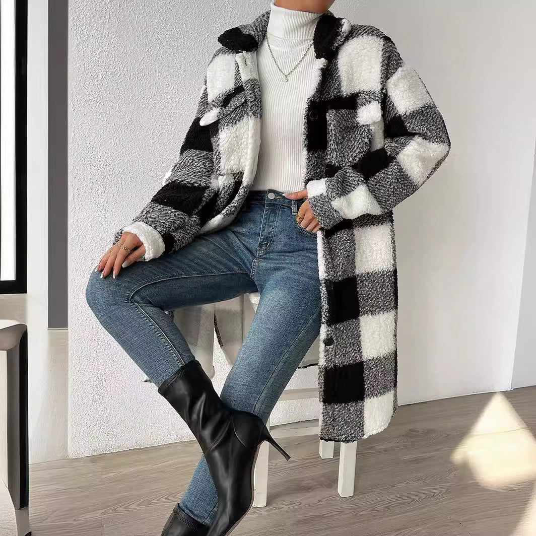 Women's longer teddy check coat with shirt collar, patch chest pockets and button placket Mune Fashion