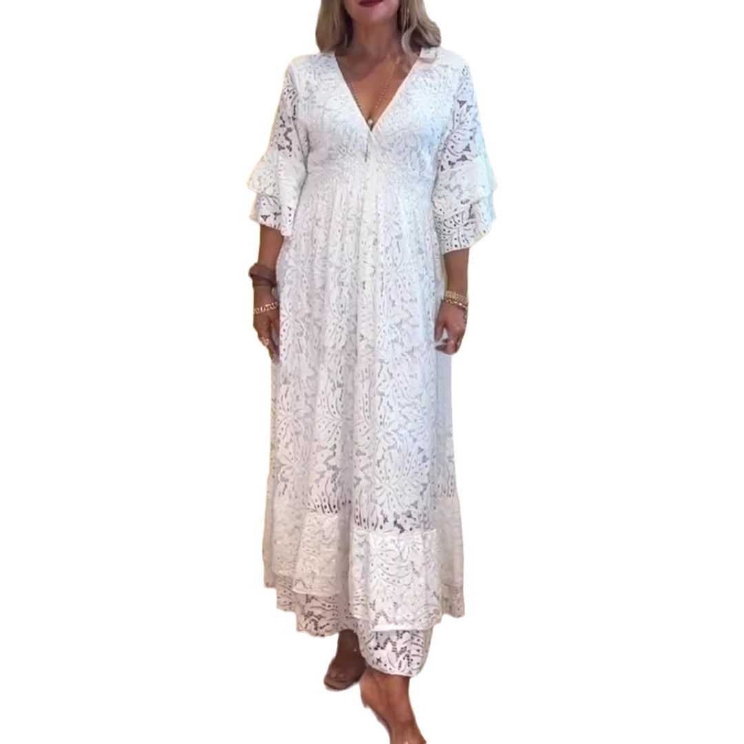 Women’s Boho Lace Maxi Dress with V-Neck, Underbust Seam, and Tiered Ruffle Sleeves Mune Fashion