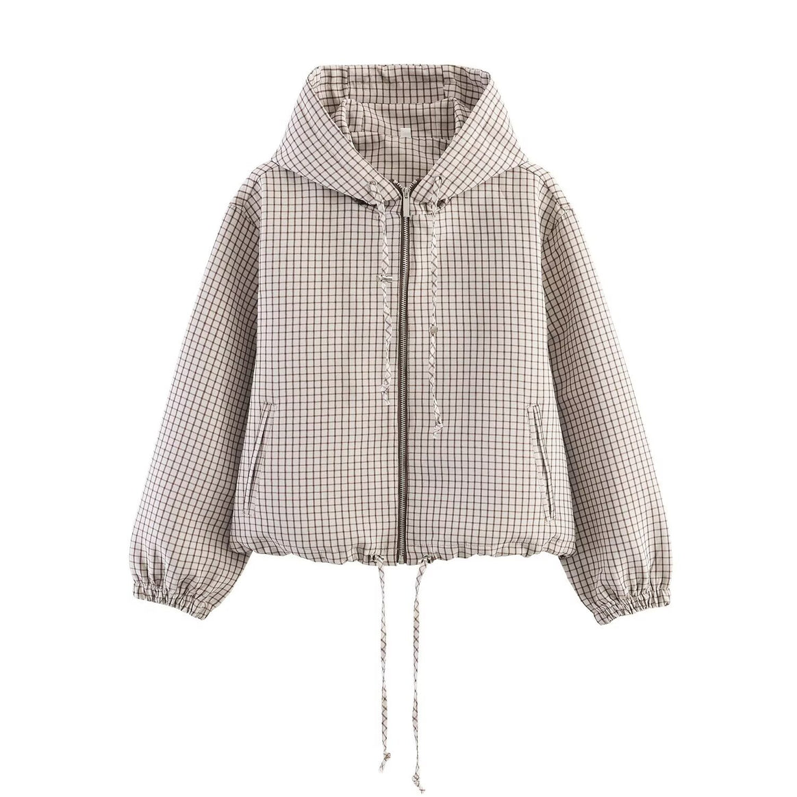 Women Short Cut Checkered Hoodie with Zip and Drawstring Hem Mune Fashion