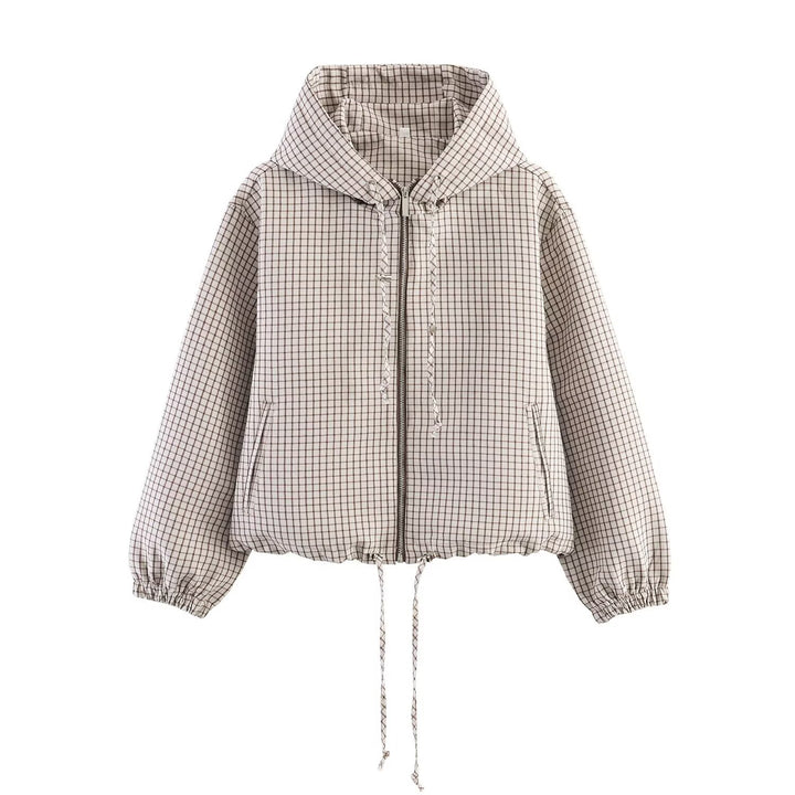 Women Short Cut Checkered Hoodie with Zip and Drawstring Hem Mune Fashion