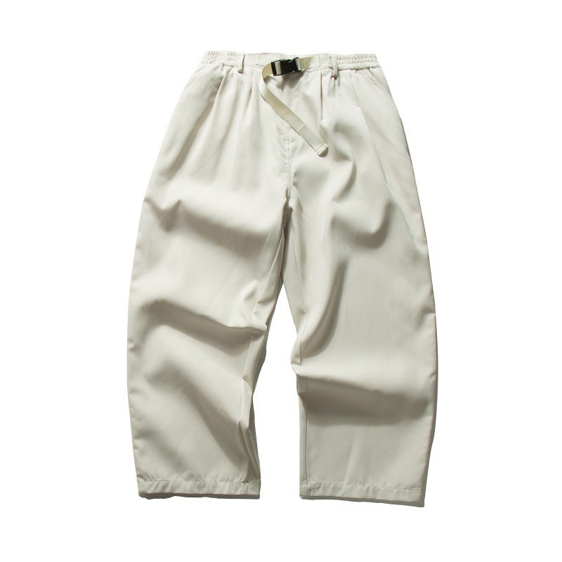Men's Wide Relaxed Twill Pants with Elastic Waistband, D-Ring Belt, and Pleats Mune Fashion