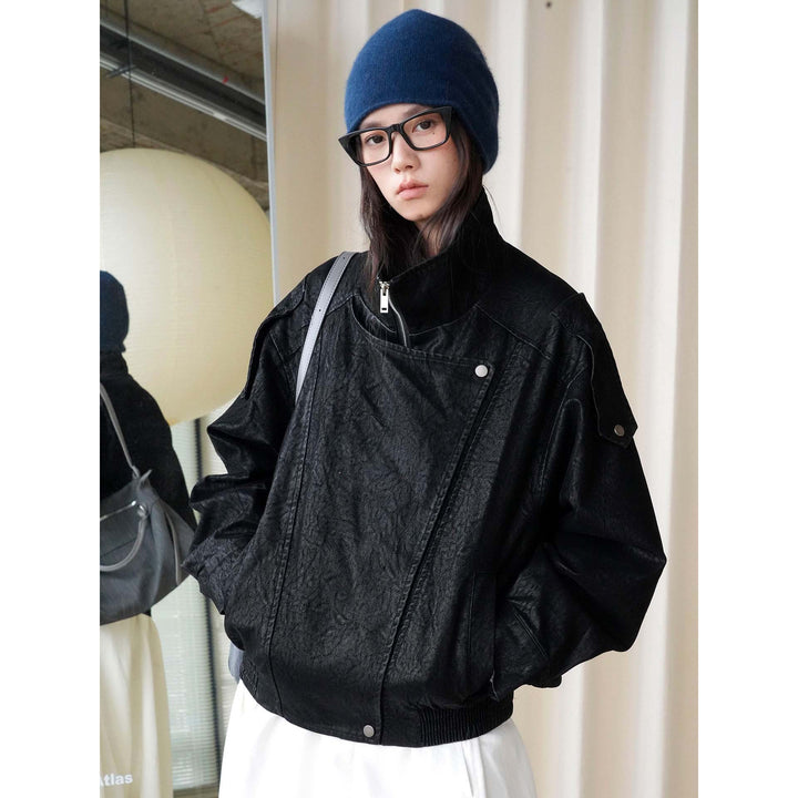 Women's Oversized Leather Jacket with High Collar and Asymmetrical Snap Placket Mune Fashion