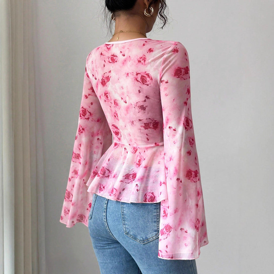 Women’s chiffon blouse with tie knot, V-neck and flared bell sleeves Mune Fashion