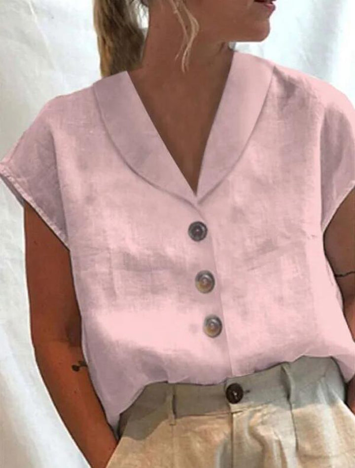 Women's casual linen blouse top with notched collar and wood button placket Mune Fashion