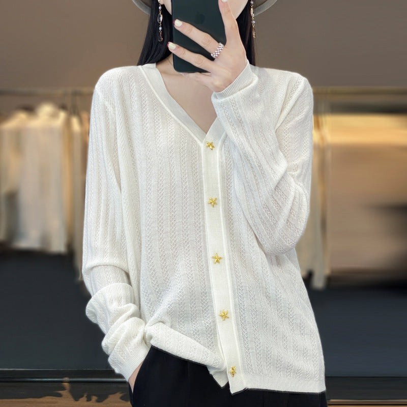 Women Lightweight V-Neck Cardigan with Textured Vertical Stripes and Star Buttons Mune Fashion