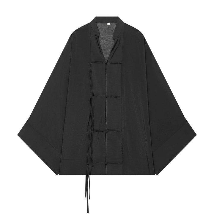 Women's Kimono-Cape Jacket with Chinese Button Closure and Long Tassels Mune Fashion