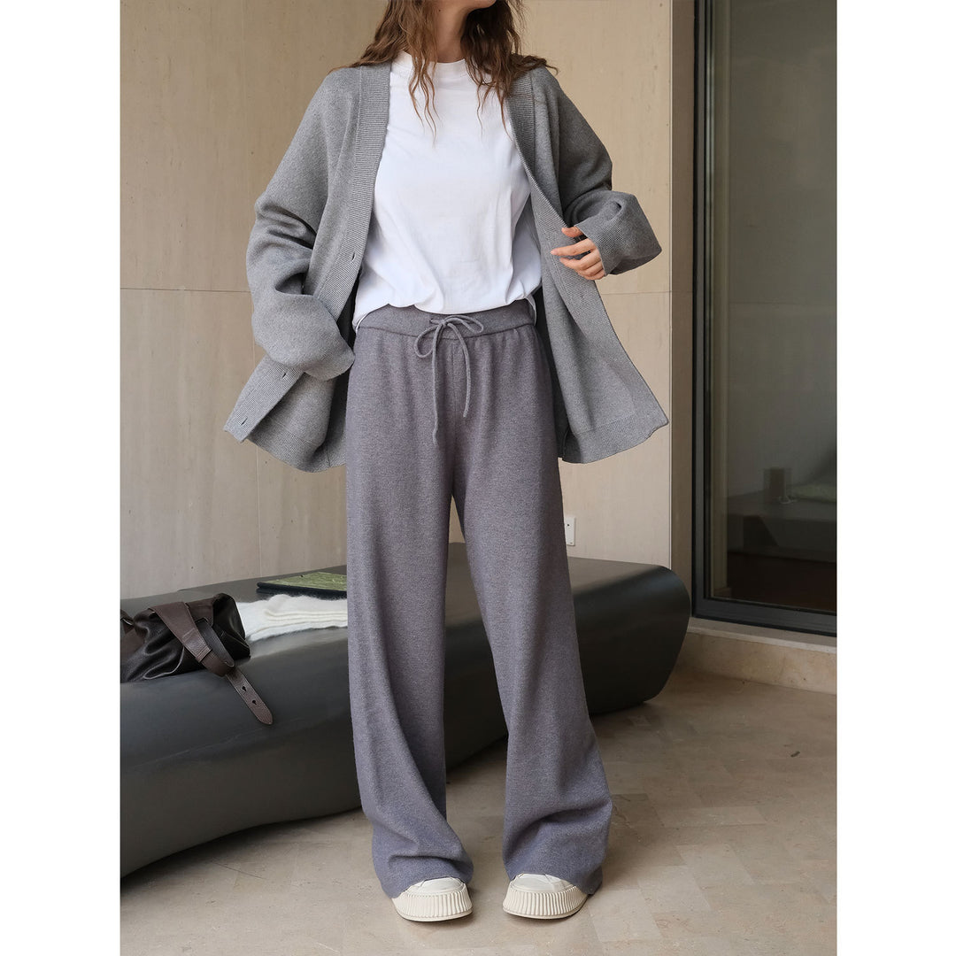 Women Wide Knit Palazzo Pants with High Waist and Drawstring Mune Fashion
