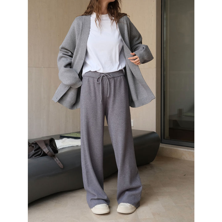 Women Wide Knit Palazzo Pants with High Waist and Drawstring Mune Fashion