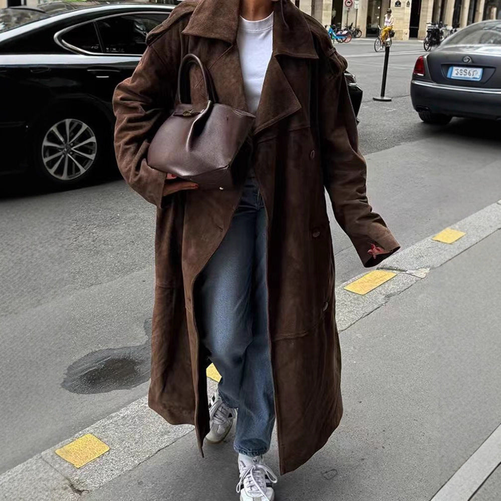 Women Mid-length Oversize Trench Coat made of Suede Look with double-breasted button placket, shoulder epaulets and tie belt Mune Fashion