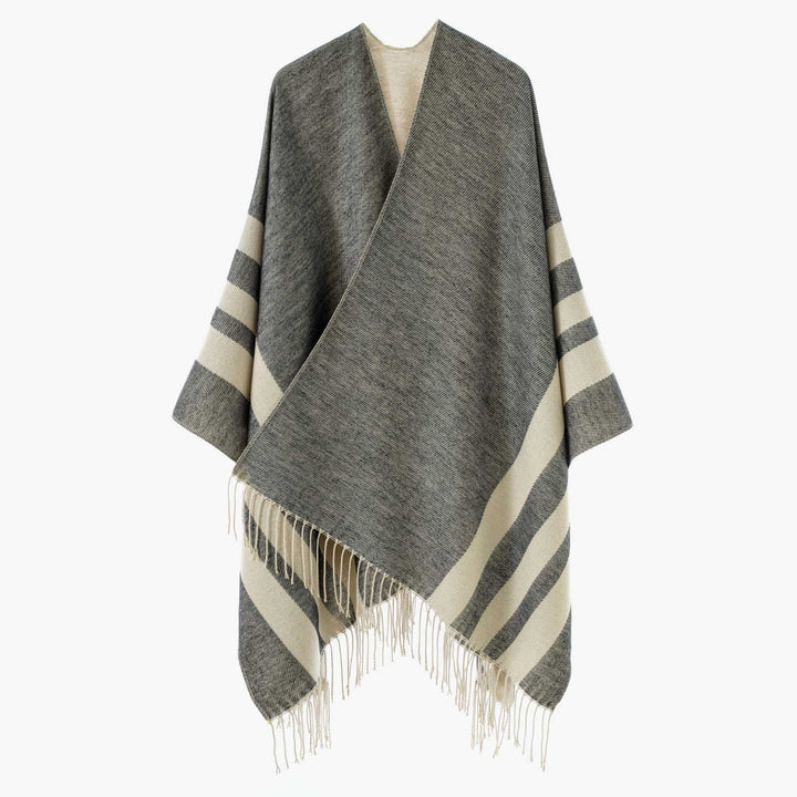 Women's Large Wool Blend Fringe Poncho with Diagonal Contrast Stripes Mune Fashion