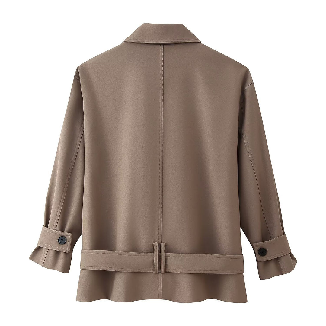 Women Short Double-breasted Trench Coat with Stand-up Collar and Waist Belt Mune Fashion