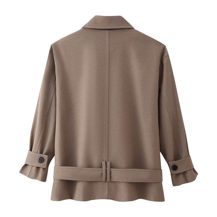 Women Short Double-breasted Trench Coat with Stand-up Collar and Waist Belt Mune Fashion
