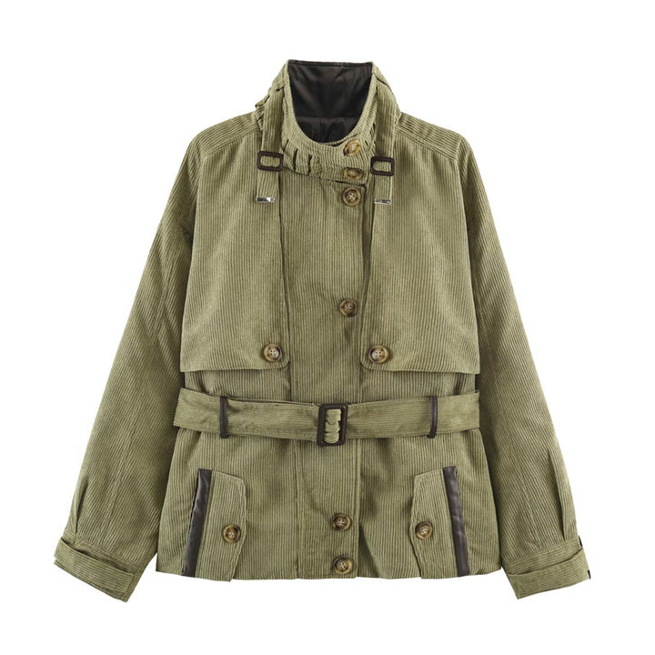 Women Short Cord Trench Coat with Waist Belt, Cape Detail and Stand Collar Mune Fashion