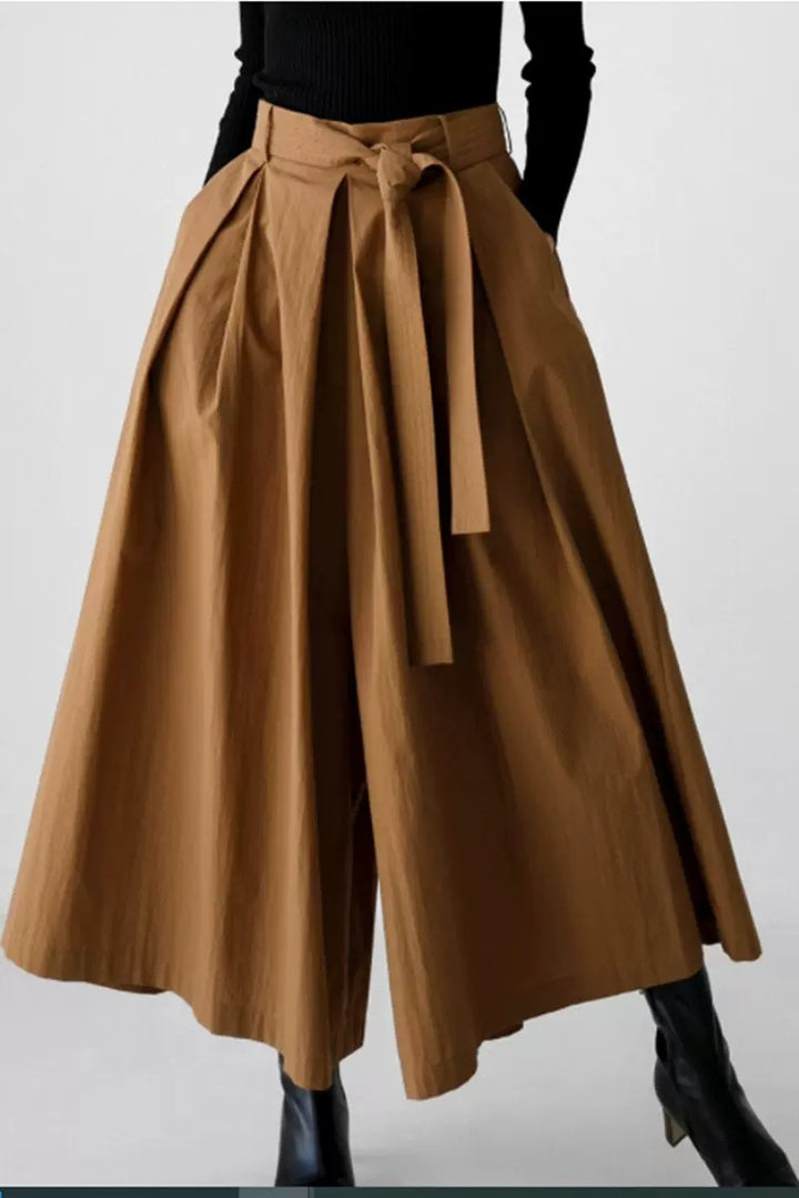 Women's Wide Culotte Skirt with Pleats and Tie Belt Mune Fashion
