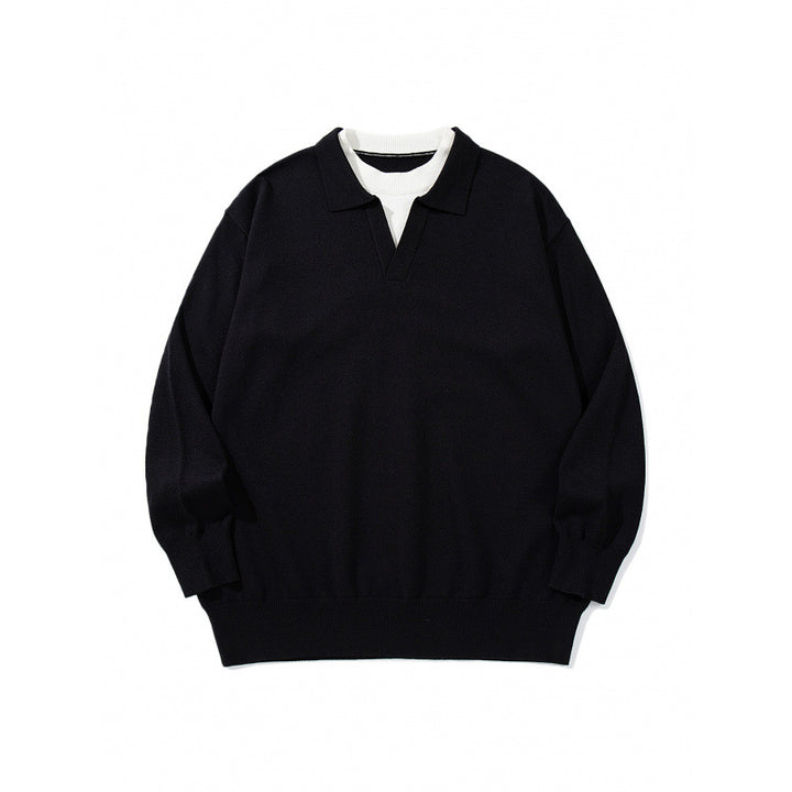 Unisex Oversize fine knit pullover with open Henley neckline and contrasting inner collar Mune Fashion