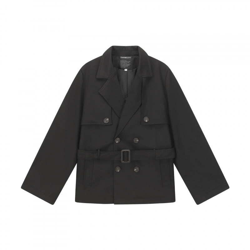 Unisex Short Double Blouson Trench Coat with Waist Belt and Boxy Silhouette Mune Fashion