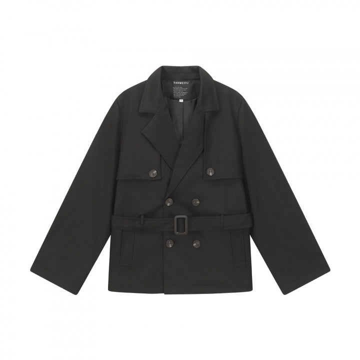 Unisex Short Double Blouson Trench Coat with Waist Belt and Boxy Silhouette Mune Fashion