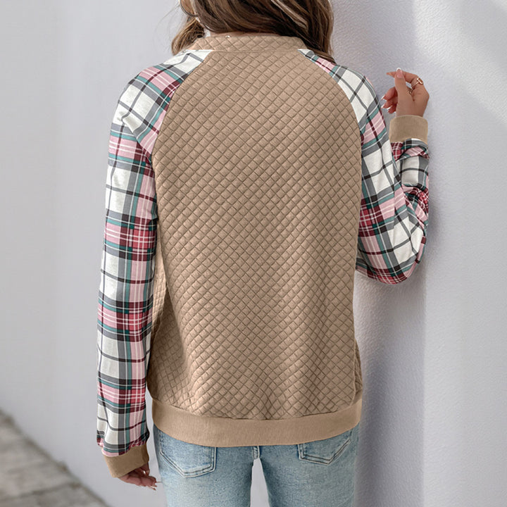 Women's Quilted Raglan Sweatshirt with Half Zipper and Checkered Sleeves Mune Fashion