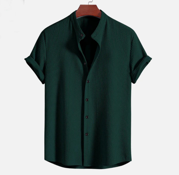 Men's Short Sleeve Structured Shirt with Stand Collar and Rolled-Up Sleeves Mune Fashion