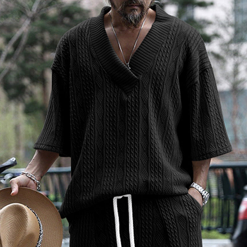 Men's oversized chunky knit sweater with deep V-neck and three-quarter sleeves Mune Fashion