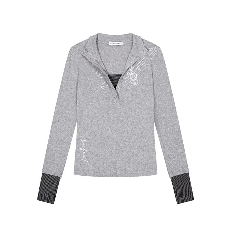 Women’s long-sleeve shirt with Henley button placket, contrast cuffs, and music note print Mune Fashion