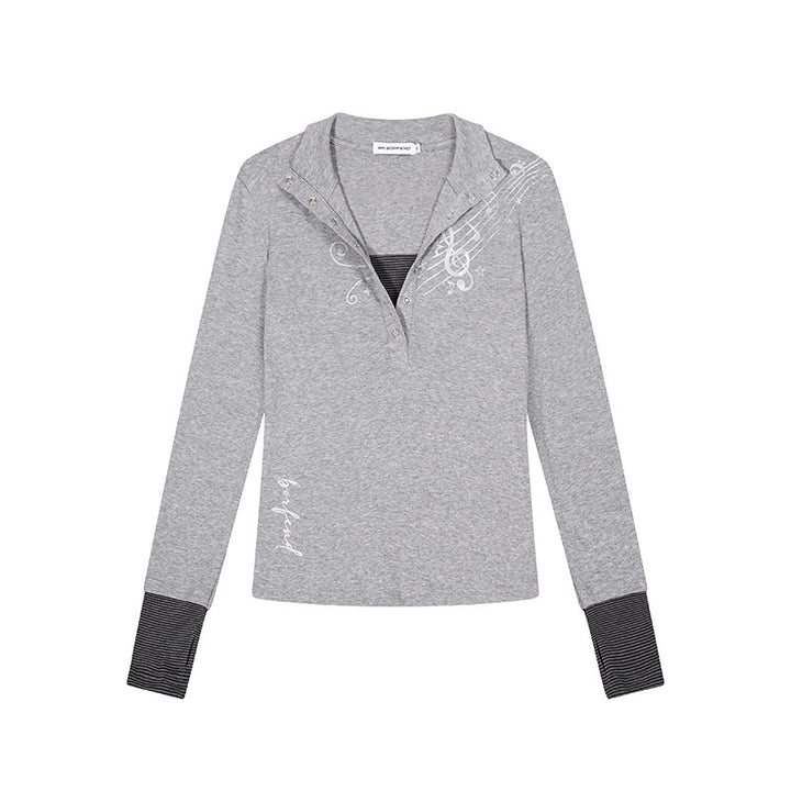 Women’s long-sleeve shirt with Henley button placket, contrast cuffs, and music note print Mune Fashion