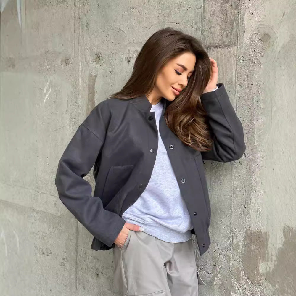 Ladies short-cut bomber jacket made of wool blend with snap button closure and elastic hem Mune Fashion