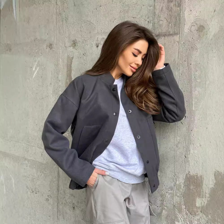 Ladies short-cut bomber jacket made of wool blend with snap button closure and elastic hem Mune Fashion