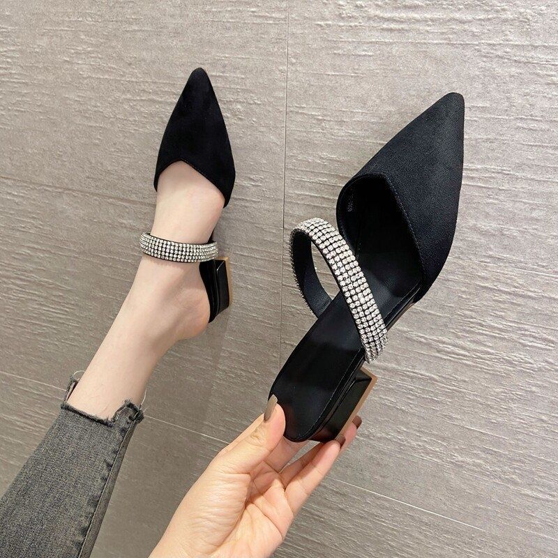 Women’s pointed toe backless mules with double row crystal strap and sculpted block heel Mune Fashion