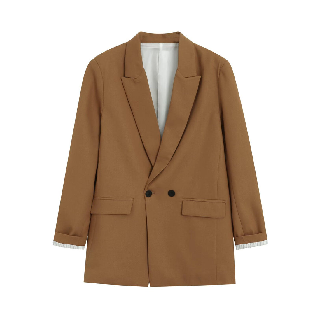 Women's Double-Breasted Long Blazer with Patch Pockets and Cuffed Sleeves Mune Fashion