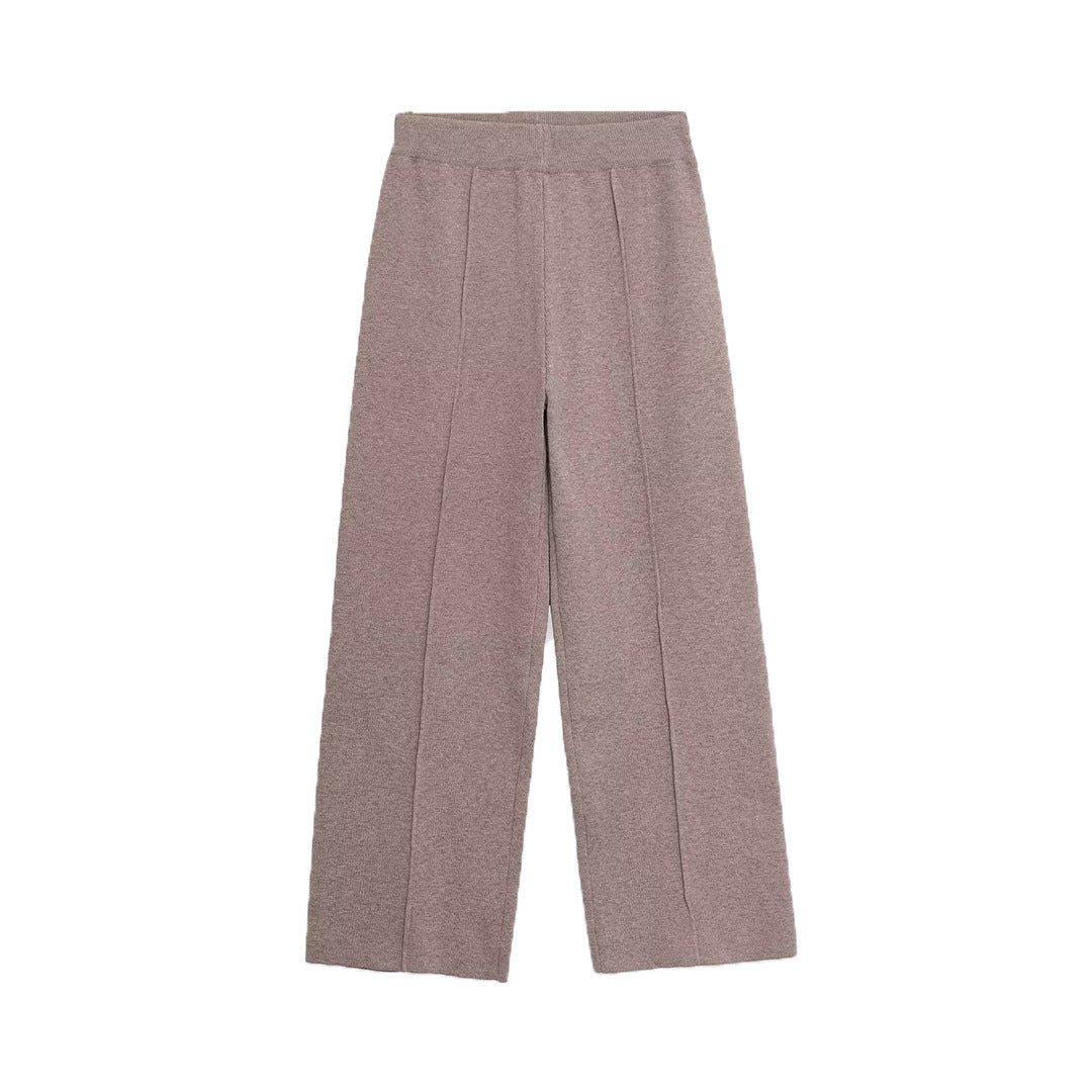 Women's wide knit pants with high waistband, elastic waistband and dividing seam