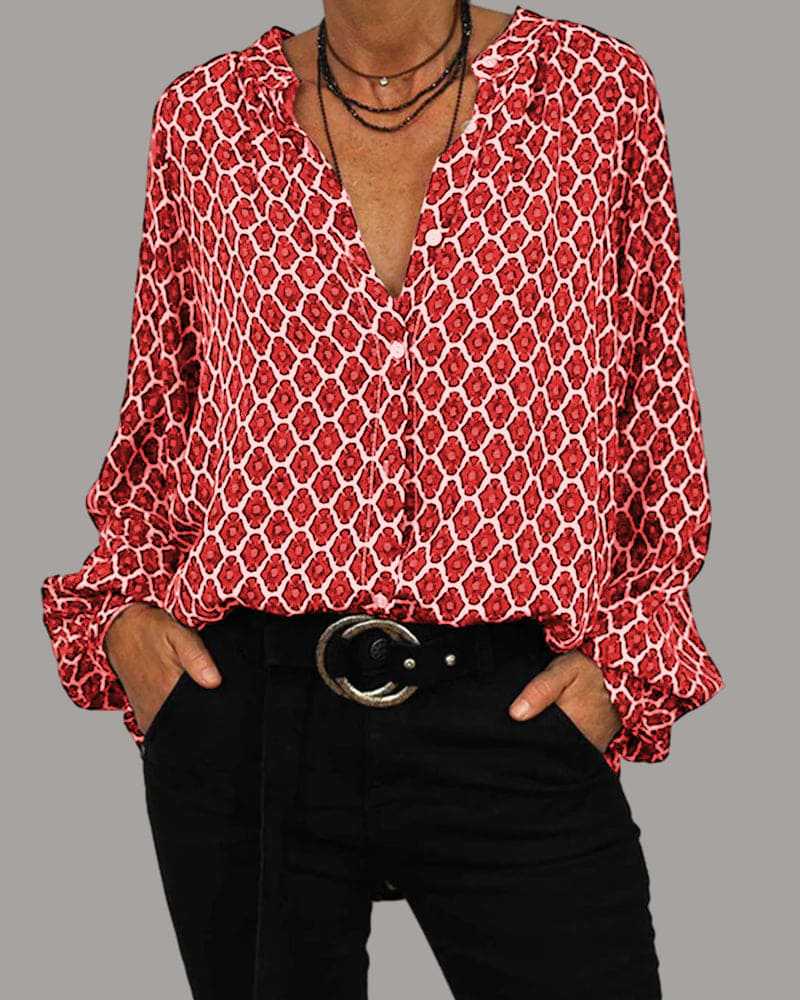 Women Loose Fit Viscose Blend Blouse with V-Neck, Button Placket and Balloon Sleeves Mune Fashion